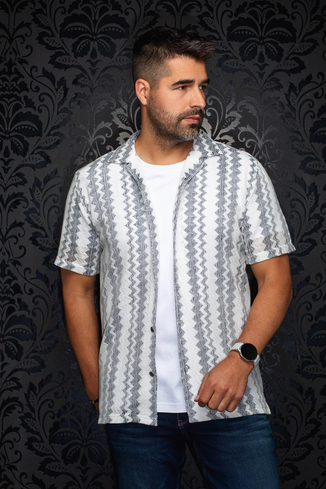 Au Noir Stretch Short Sleeve Shirt | Open Collar Raj-T Whtie Navy