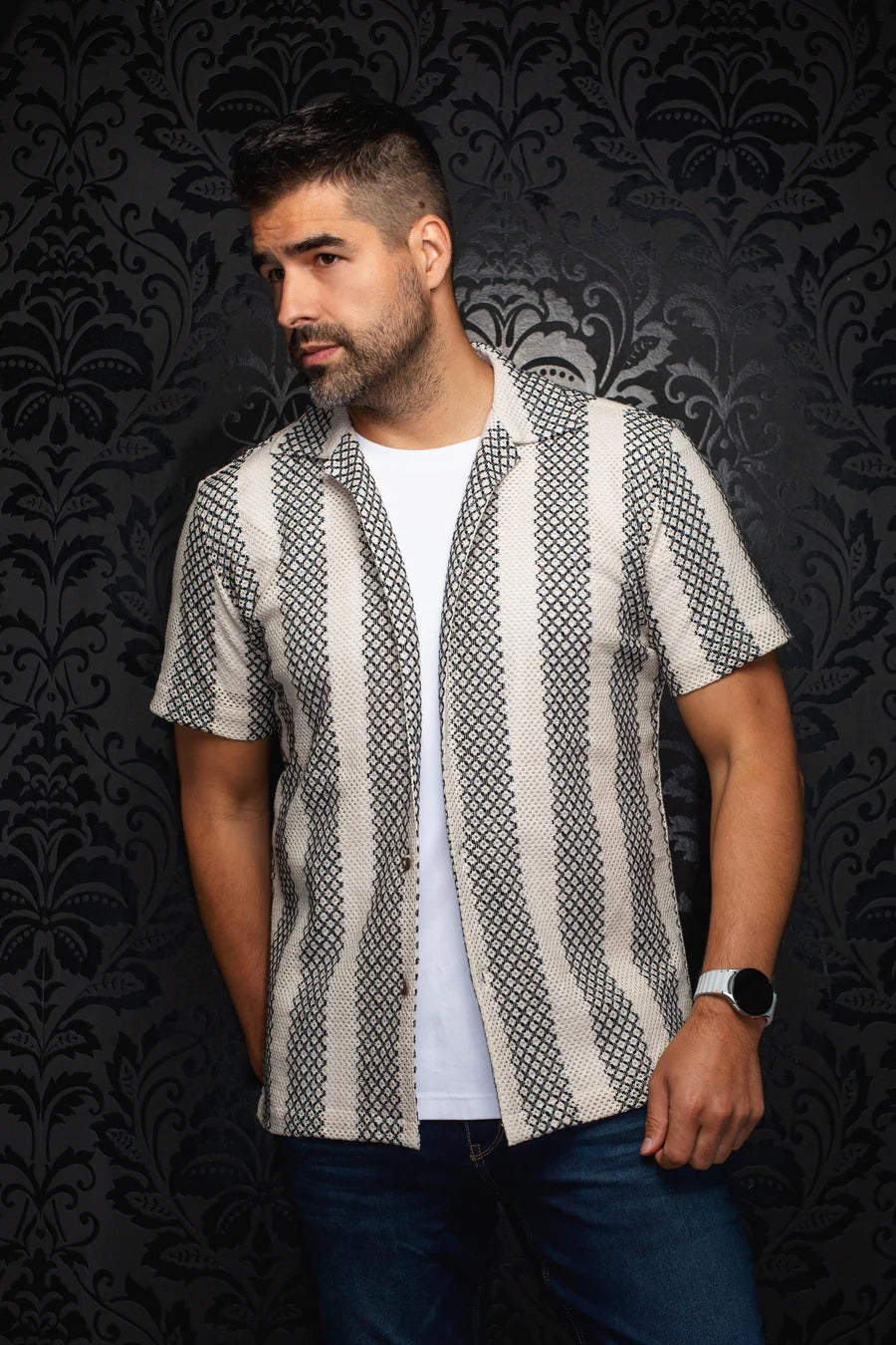 Au Noir Stretch Short Sleeve Shirt | Open Collar Raj-T Cream Black