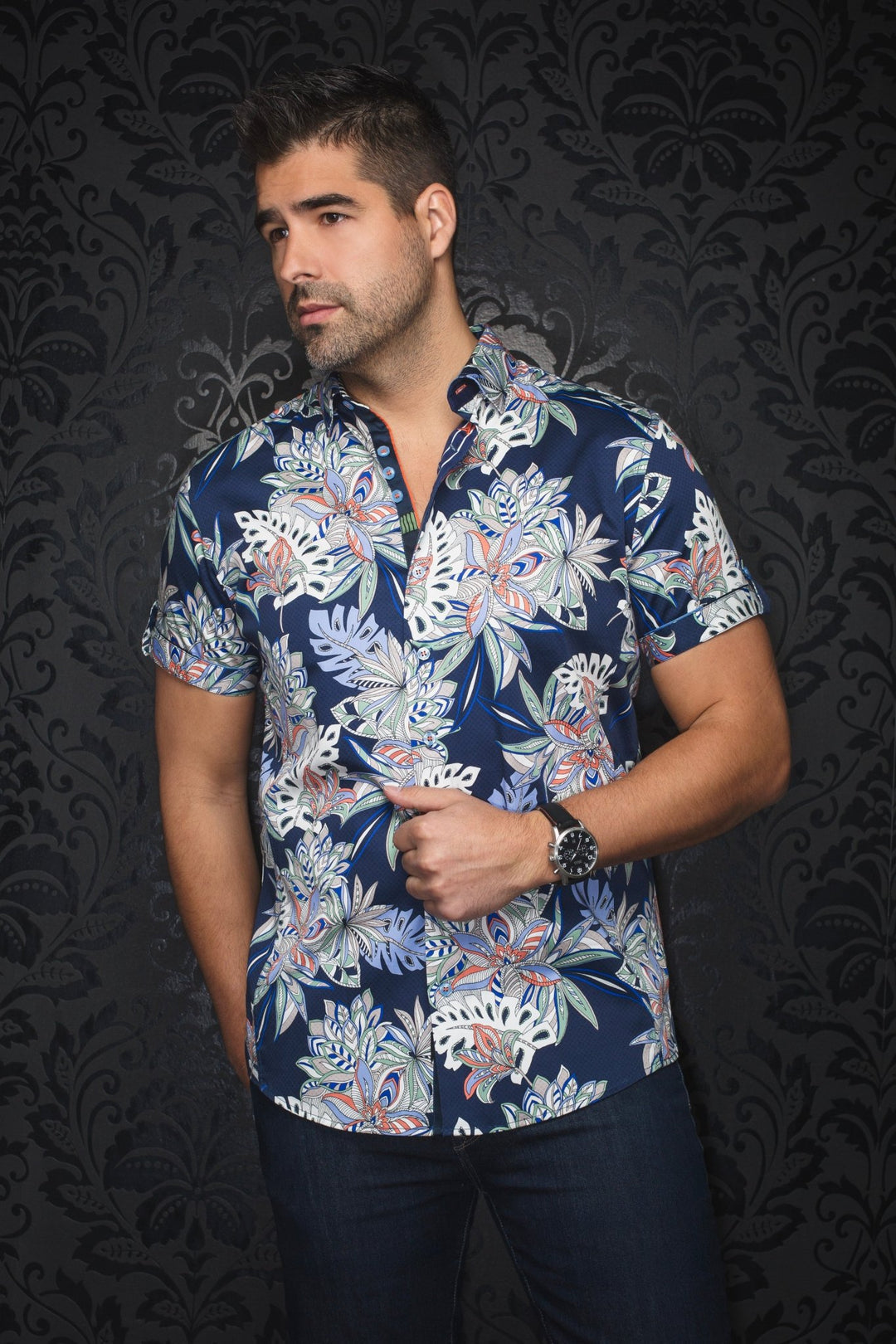 mens short sleeve navy blue dress shirt Au Noir Stretch Short Sleeve shirt | Corrado Navy