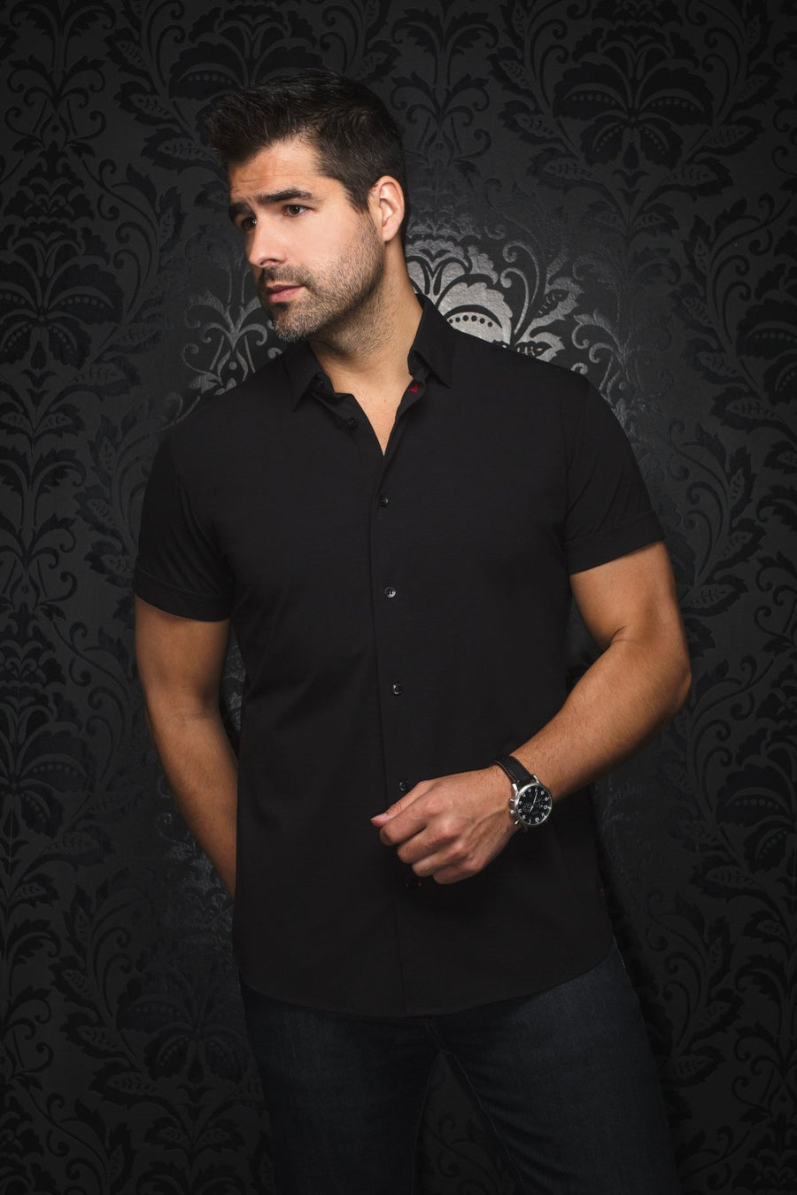 mens black short sleeve dress shirt Stretchy Short Sleeves | Alex-SLD, Black