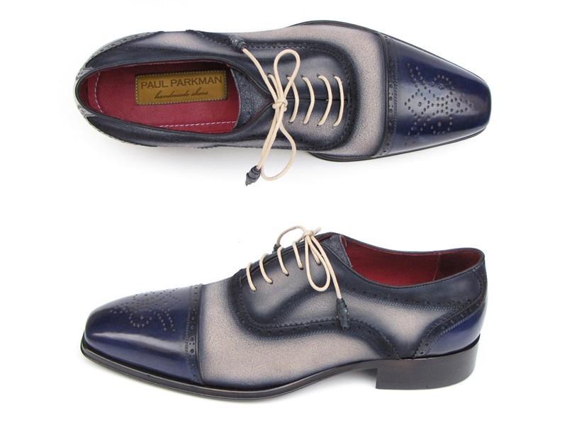 Paul Parkman Men's Goodyear Welted Wingtip Oxfords in Blue & Brown - Blue & Brown / 6