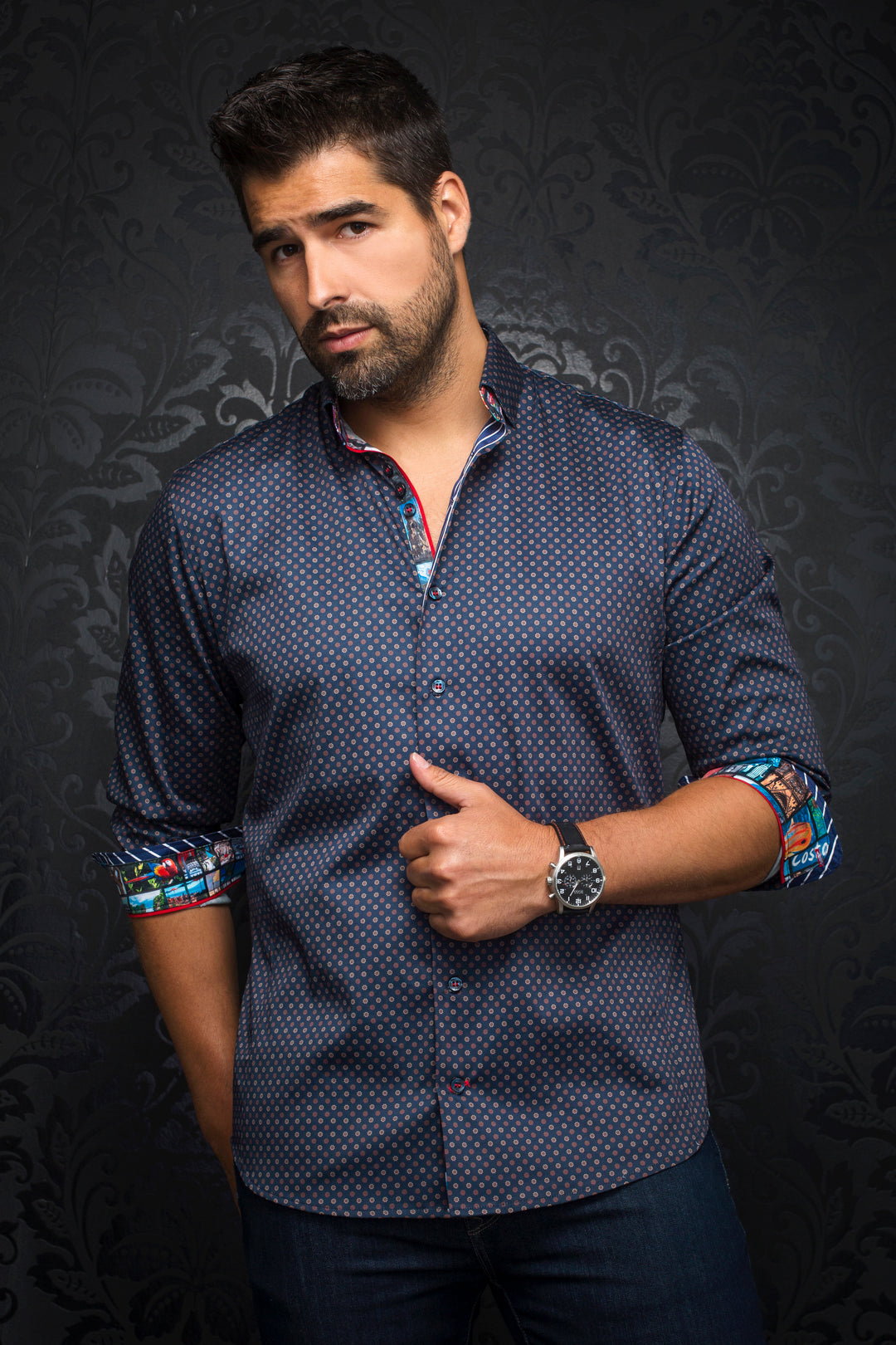 Au Noir Stretch Shirt | Bradford Navy/Beige