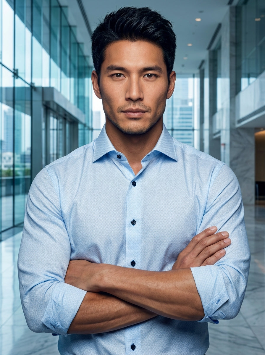 This premium Masutto men's dress shirt features a sophisticated light blue textured weave with a refined spread collar. Designed with contrasting dark buttons and a tailored fit, the fabric offers a subtle geometric pattern perfect for sharp, modern busin