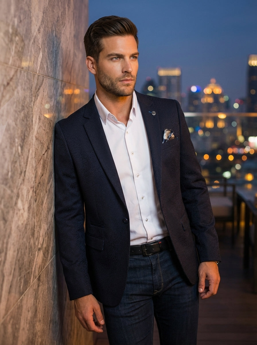 This sophisticated navy blazer features a subtle textured pattern and a slim-fit silhouette. Paired with a crisp white button-down shirt and denim, it offers a refined smart-casual aesthetic. Distinctive details include a decorative pocket square and a me