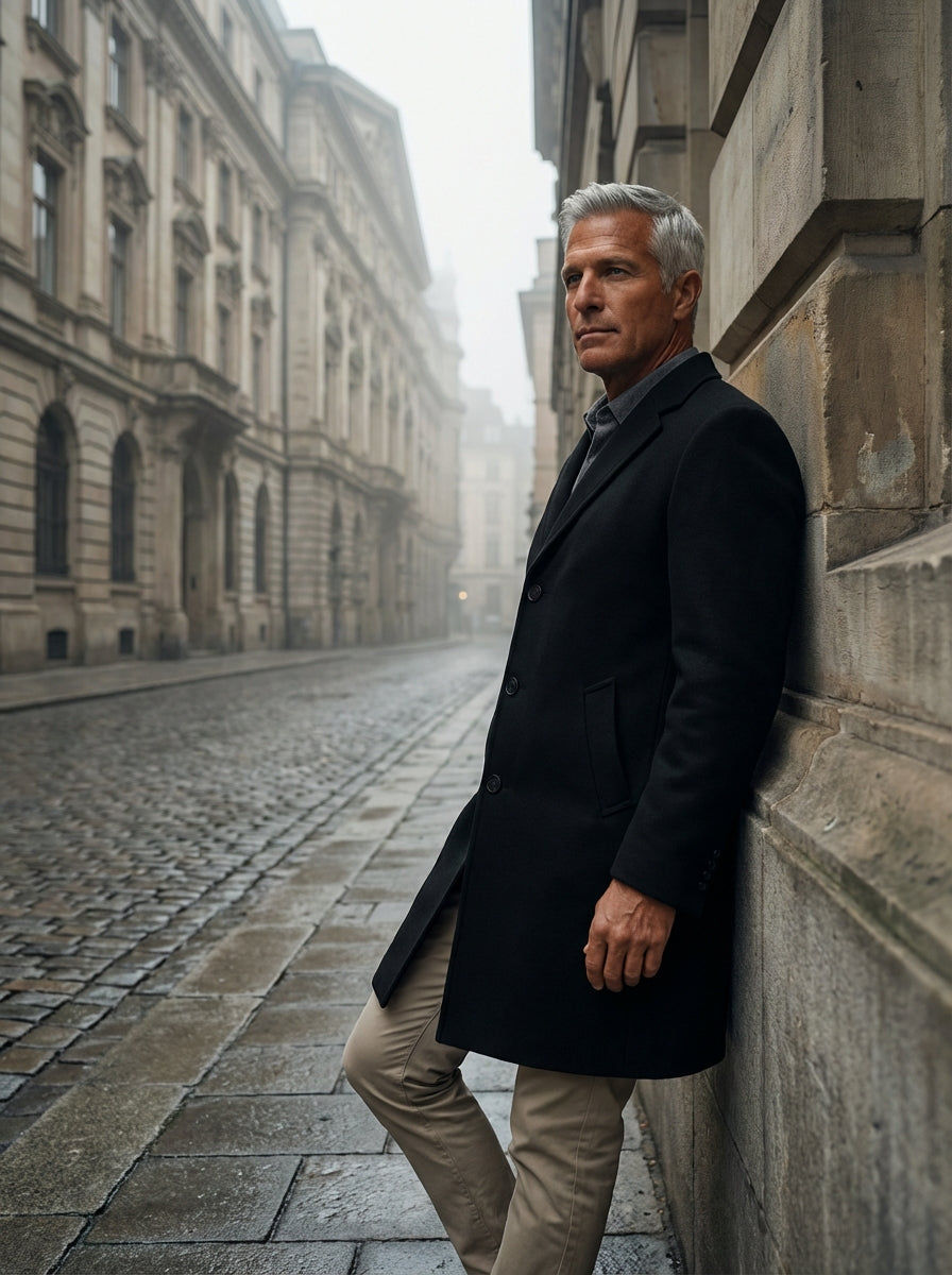 This classic black wool-blend overcoat features a streamlined single-breasted silhouette with a three-button closure. Designed for the modern gentleman, it boasts notched lapels, angled welt pockets, and a tailored fit that pairs perfectly with business a