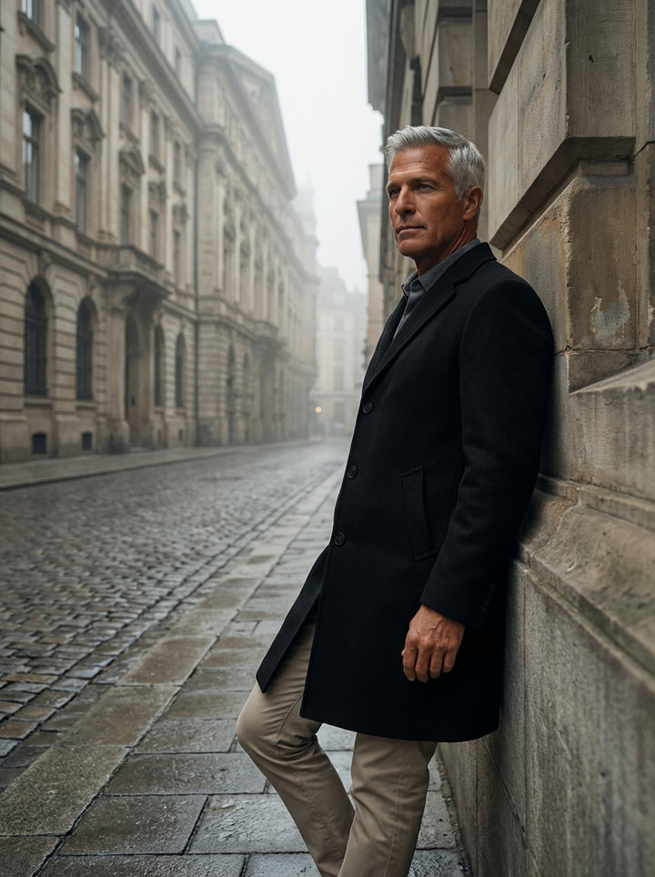 This classic black wool-blend overcoat features a streamlined single-breasted silhouette with a three-button closure. Designed for the modern gentleman, it boasts notched lapels, angled welt pockets, and a tailored fit that pairs perfectly with business a