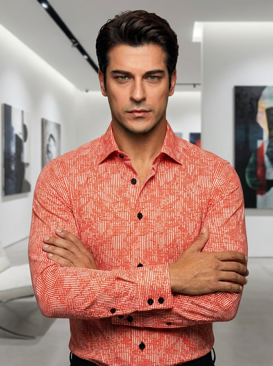 This Masutto designer dress shirt features a vibrant red and white geometric hatch pattern that creates a striking visual texture. Crafted with high-quality fabric, it includes a sharp pointed collar, contrasting black buttons, and meticulously detailed d