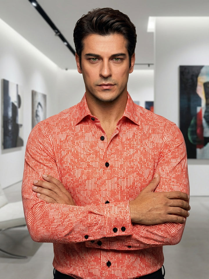 This Masutto designer dress shirt features a vibrant red and white geometric hatch pattern that creates a striking visual texture. Crafted with high-quality fabric, it includes a sharp pointed collar, contrasting black buttons, and meticulously detailed d