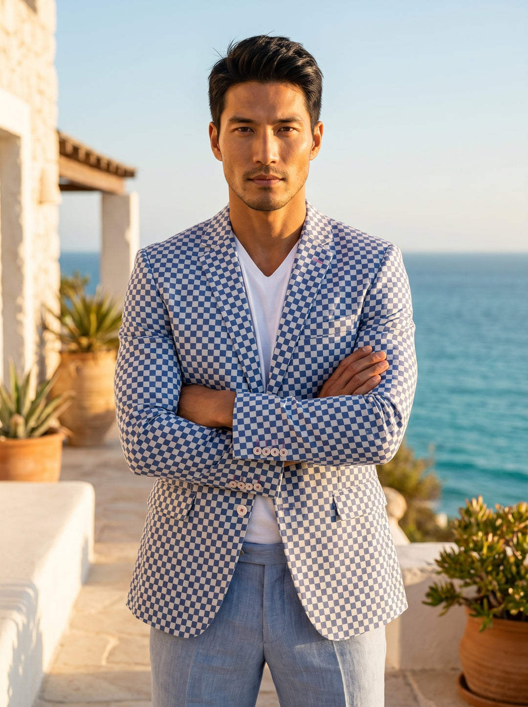 This men's tailored blazer features a distinctive blue and white checkerboard pattern, offering a bold yet sophisticated look. Styled with notched lapels, two-button closure, and flap pockets, it is paired here with a white v-neck shirt and light blue tro