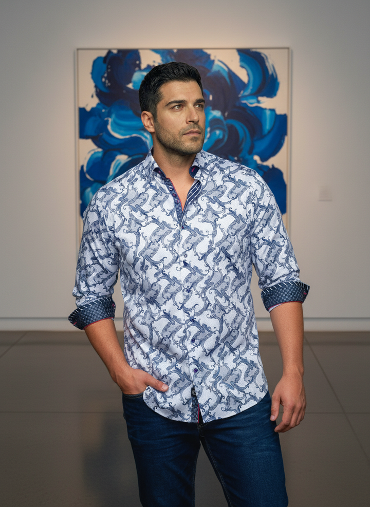 This sophisticated men's button-up shirt features an exquisite blue and white abstract marine-inspired pattern. Crafted for the discerning individual, it offers a contemporary fit and refined detailing, perfect for elevating any smart-casual ensemble.