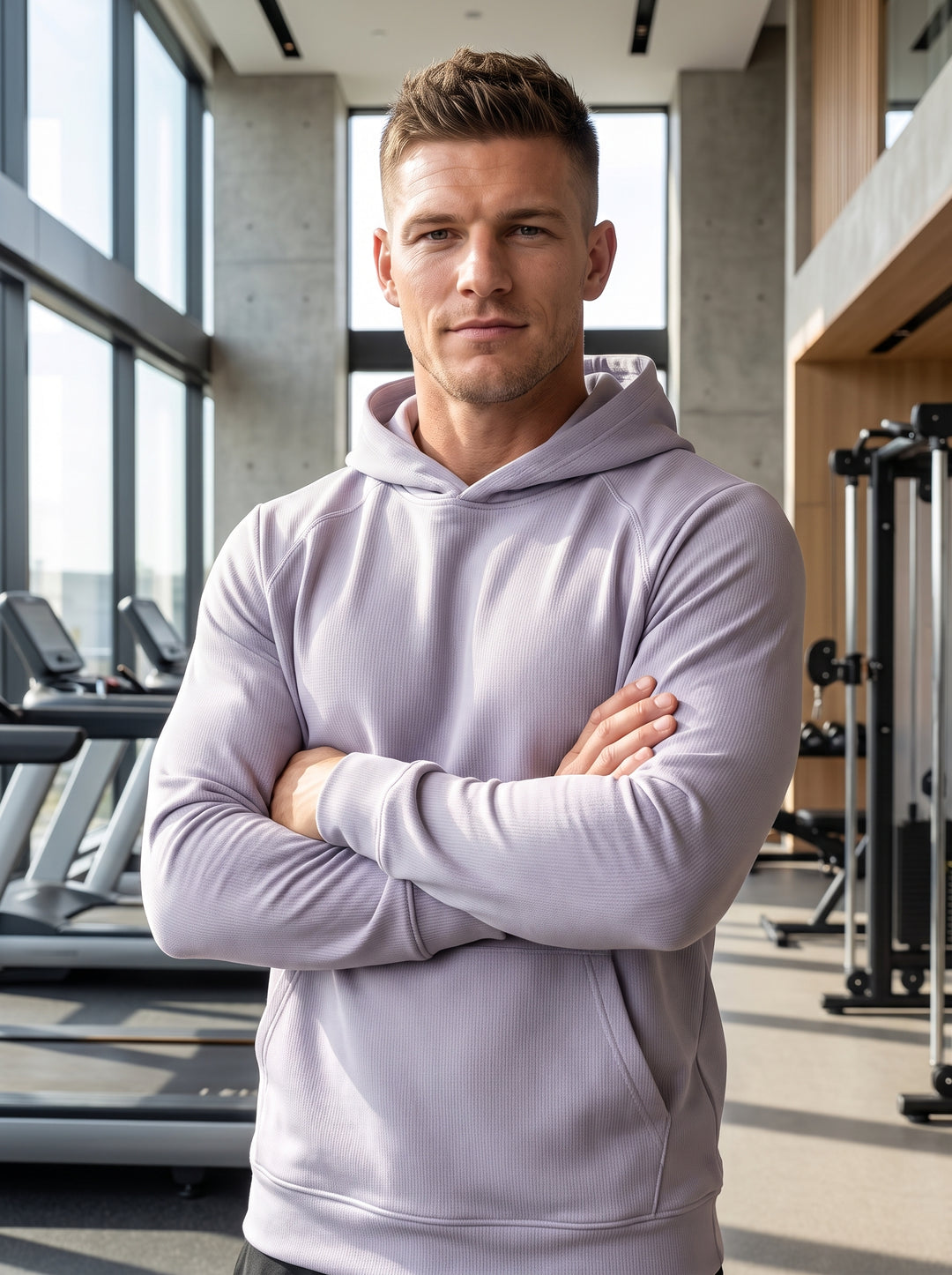 This light lavender performance hoodie features a tailored fit with raglan sleeves and a structured hood. Crafted from a textured moisture-wicking fabric, it provides comfort and versatility for athletic pursuits or casual lounging while maintaining a cle