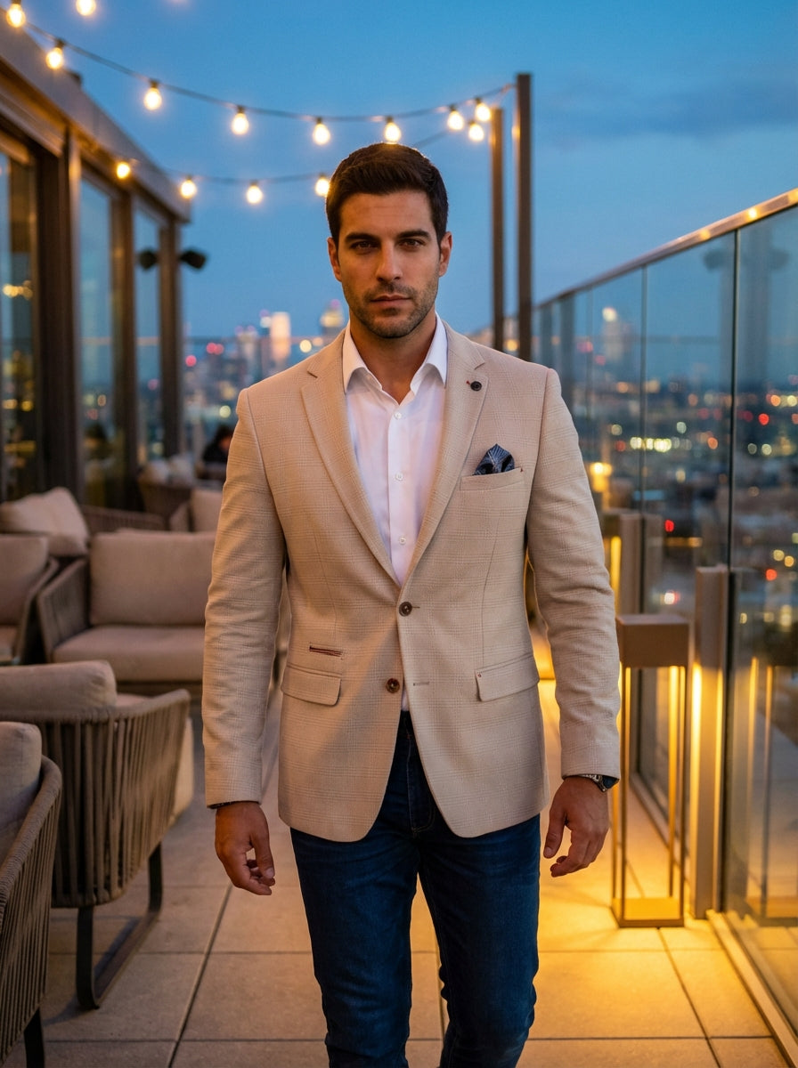Elevate your smart-casual wardrobe with this sophisticated beige tailored blazer featuring a subtle micro-check pattern and notched lapels. This two-button jacket is accented with a patterned pocket square and contrasting buttons, offering a refined silho