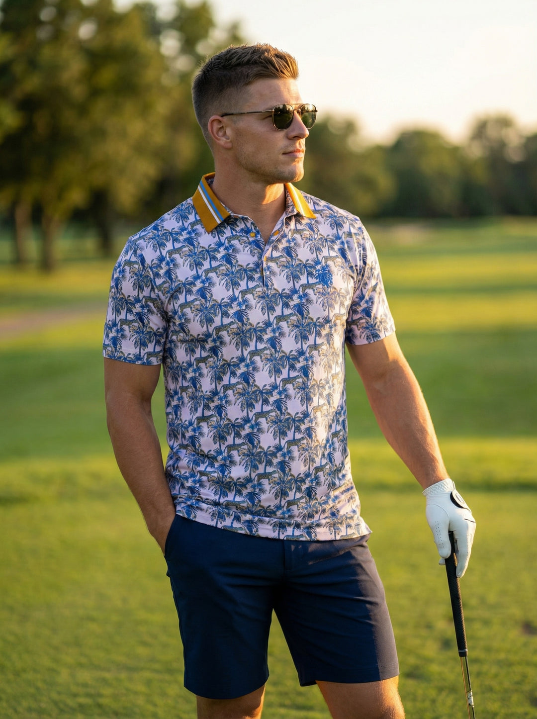 This vibrant men's short-sleeve polo shirt features a bold all-over tropical print showcasing blue palm trees and roaming leopards on a light lavender base. It is finished with a mustard yellow ribbed collar accented by blue and white stripes.