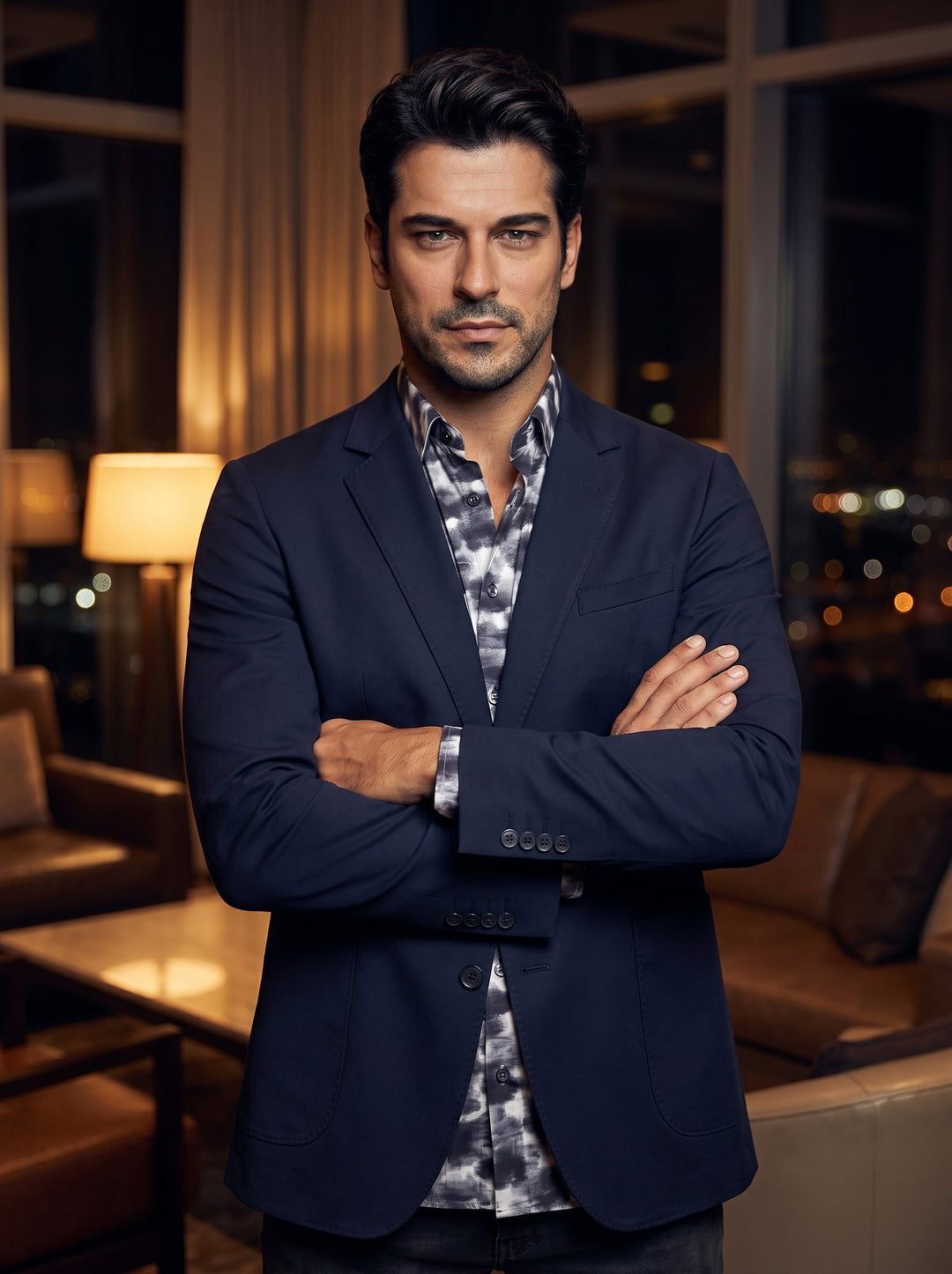 This tailored navy blazer features a modern two-button closure, notched lapels, and spacious patch pockets for a relaxed yet refined silhouette. Paired with a monochromatic abstract print button-down, it offers a sophisticated look that seamlessly bridges