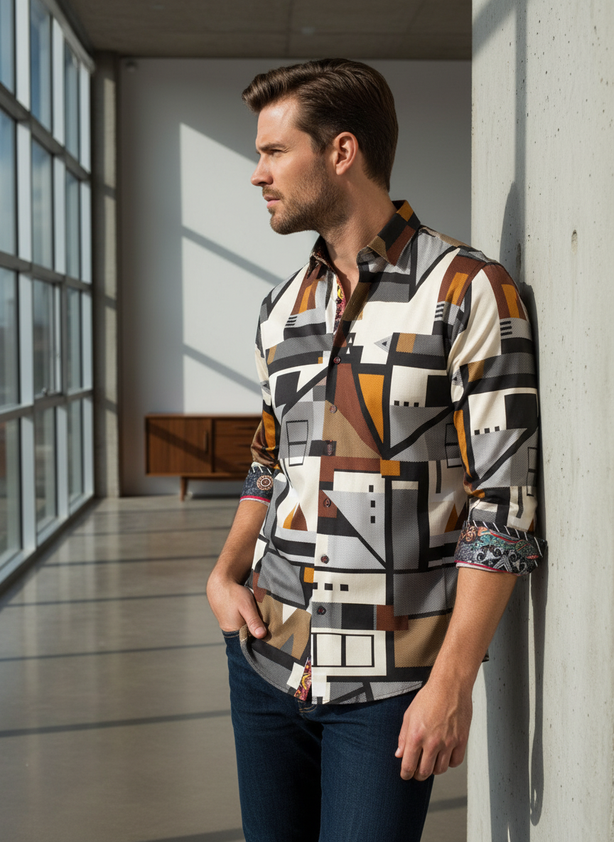 An avant-garde button-down showcasing a bold geometric motif in earthy ochre and monochrome. Featuring intricate paisley-lined cuffs and a modern tailored fit, this shirt is a sophisticated statement piece for the contemporary wardrobe.