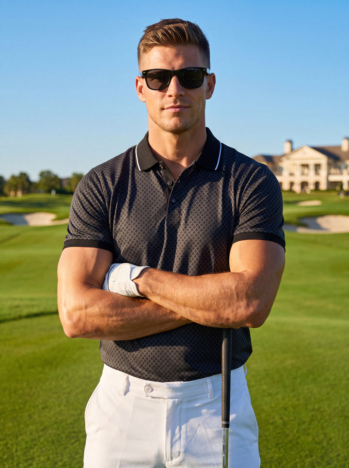 This sophisticated men's polo shirt features an intricate black and grey diamond pattern. It is designed with a solid black collar accented by white tipping, a three-button placket, and ribbed cuffs, offering a refined slim fit for modern wardrobes.