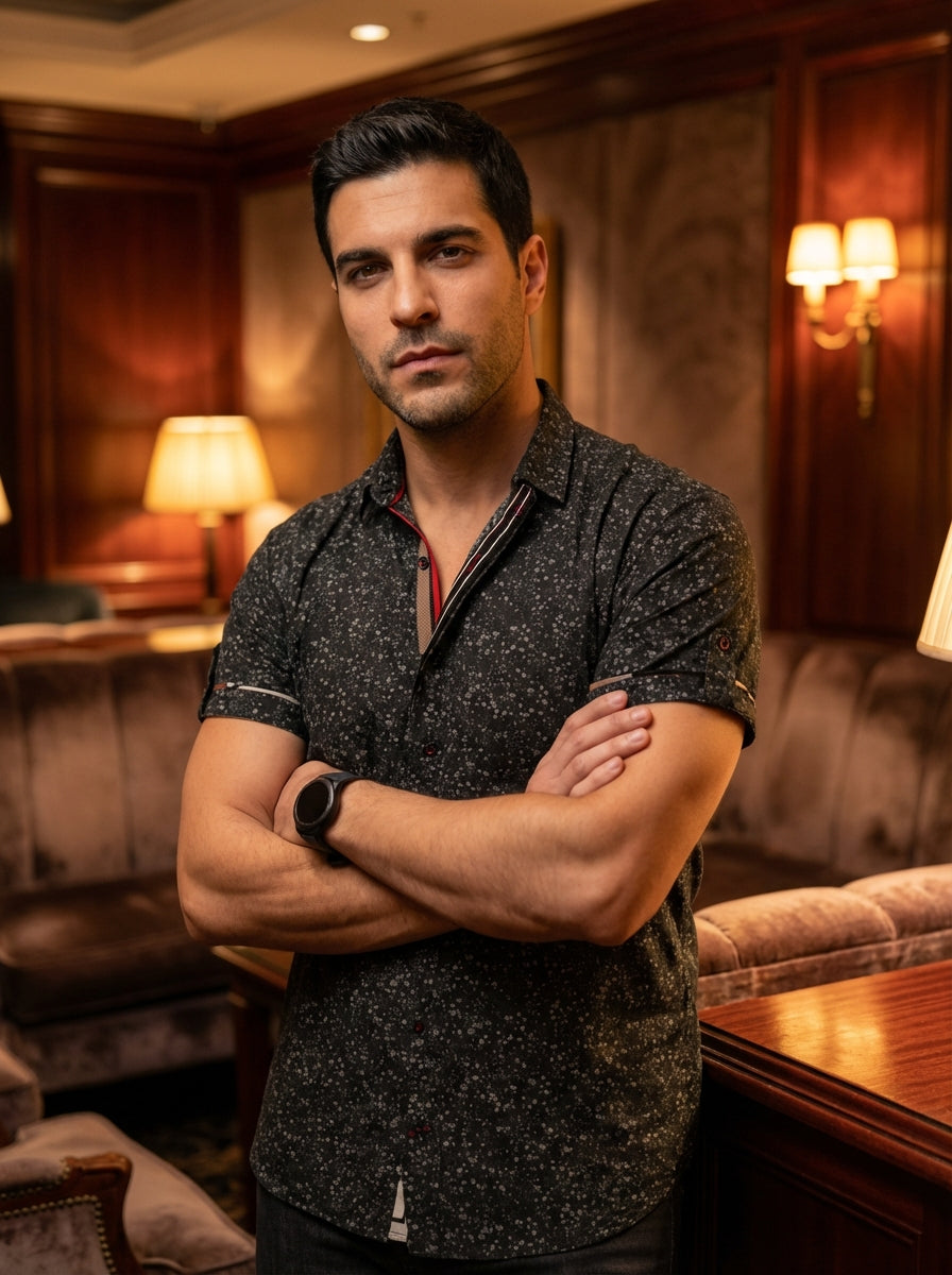 This tailored short-sleeve shirt features a dark grey micro-floral print and intricate contrasting collar details. Crafted for a modern fit, it includes red and white piping inside the placket and cuffed sleeves, offering a sophisticated edge for evening 
