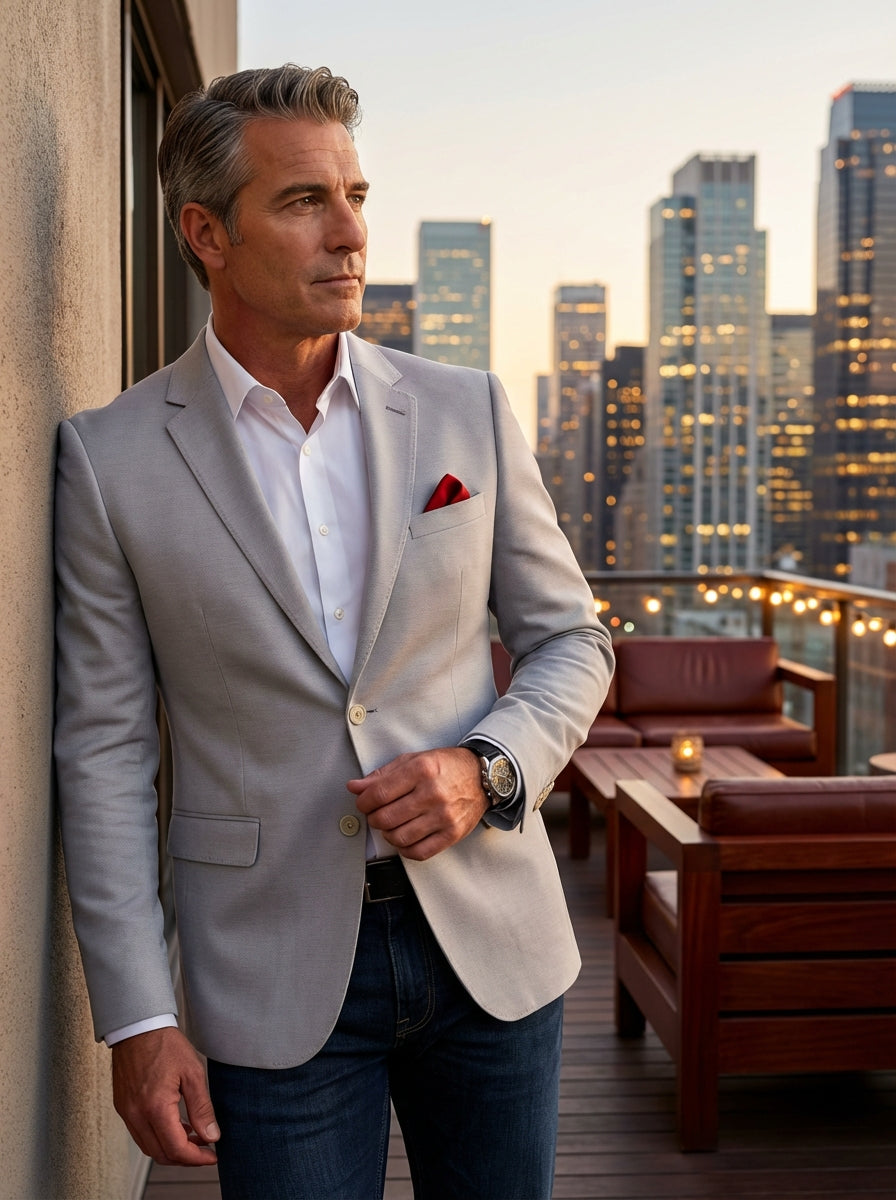 This tailored light grey blazer features a modern slim fit with notched lapels and a classic two-button closure. Paired with a crisp white dress shirt and dark denim, it offers a versatile look suitable for semi-formal events or upscale business-casual ou