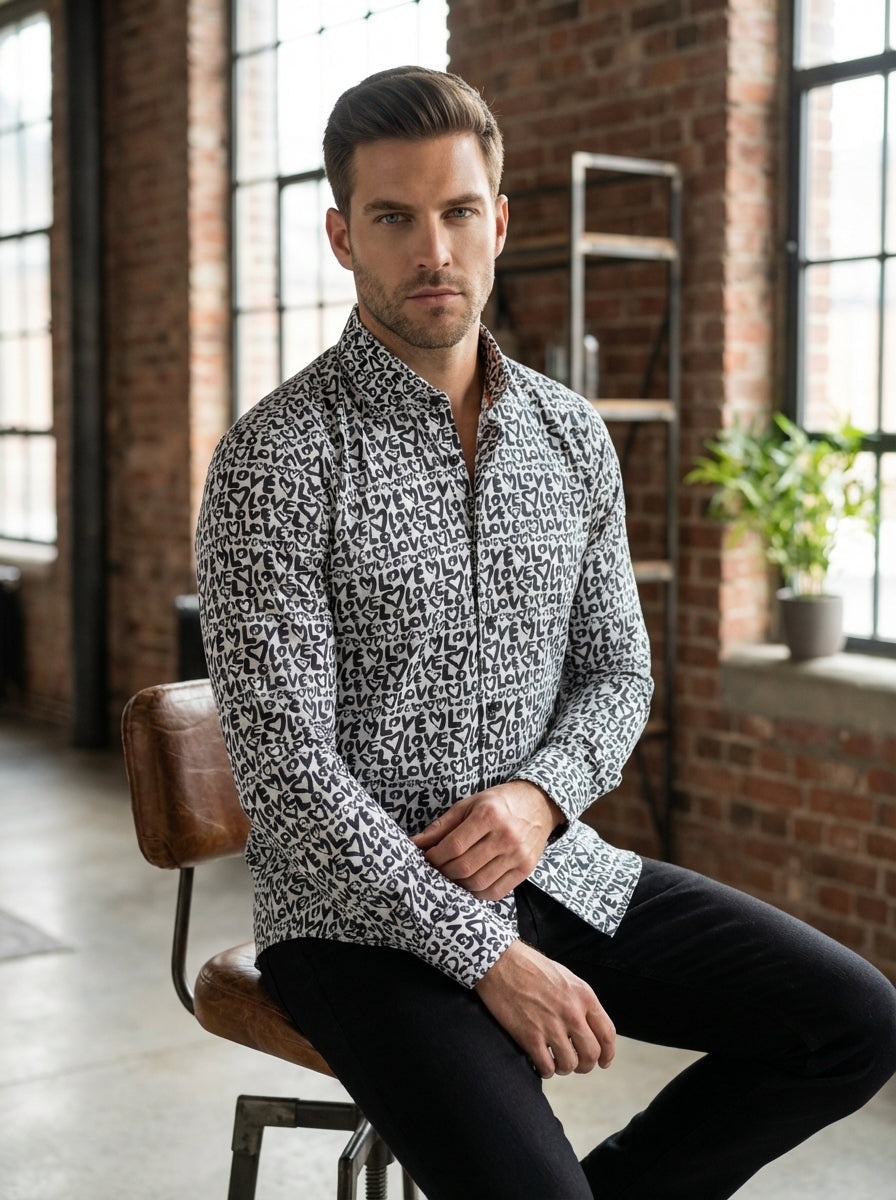 This Masutto long-sleeved button-down shirt features a bold, monochromatic graphic print. The white fabric is covered in hand-drawn style black hearts and 'LOVE' typography, creating a contemporary, artistic aesthetic. It includes a classic collar and con