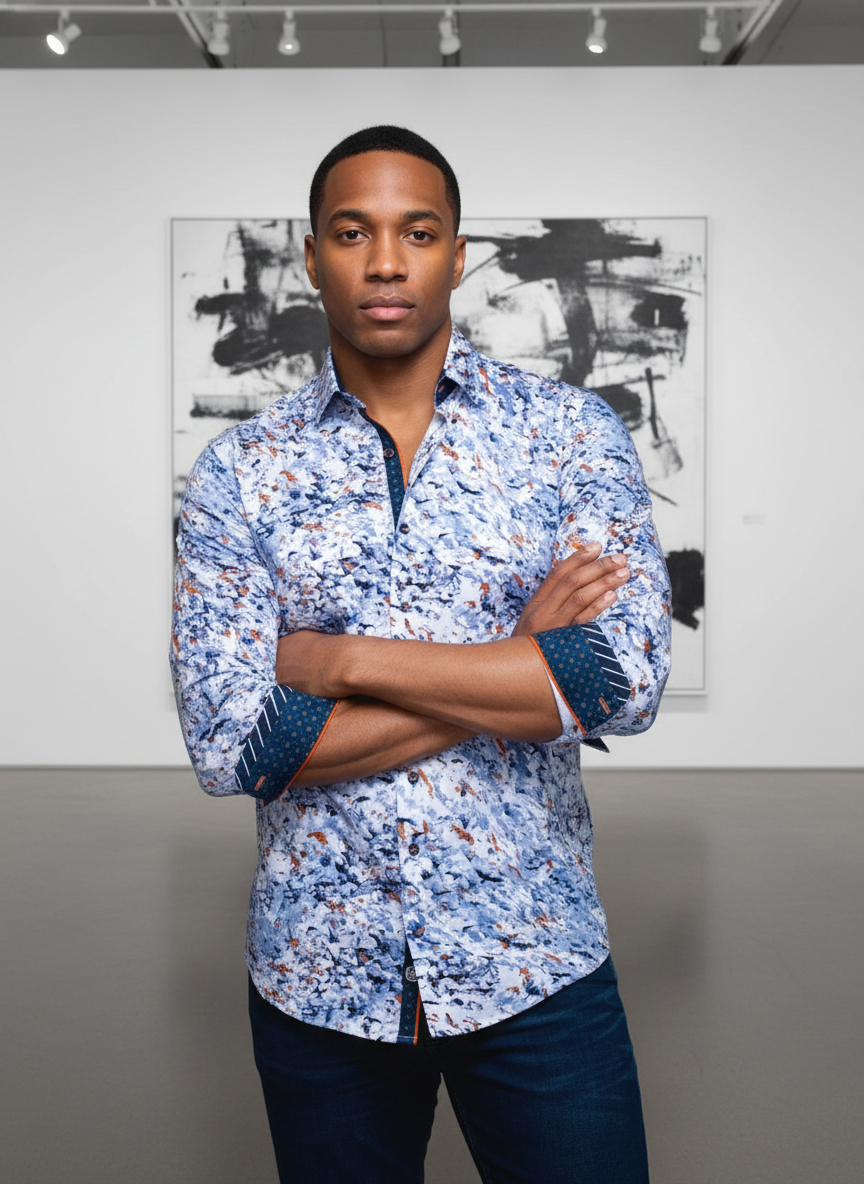 Elevate your wardrobe with this contemporary tailored shirt, featuring a vibrant abstract watercolor print in shades of azure and burnt orange. Detailed with contrasting patterned cuffs and trim, it's the perfect statement piece for modern evening attire.