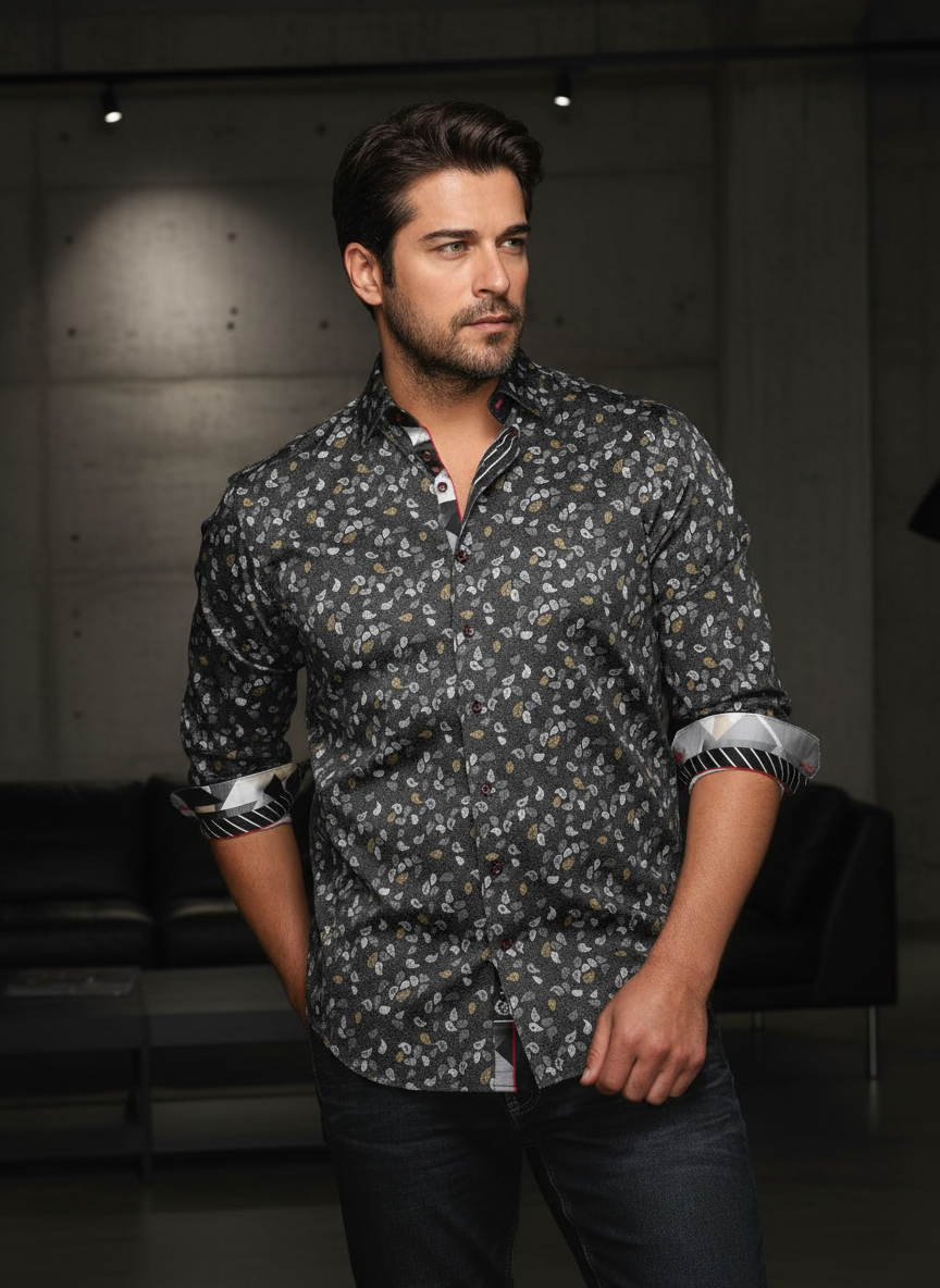 Elevate your style with this sophisticated dark grey long-sleeve shirt, featuring a subtle multi-tonal paisley pattern. Its refined design and contrasting cuff details make it perfect for a distinctive, modern look.