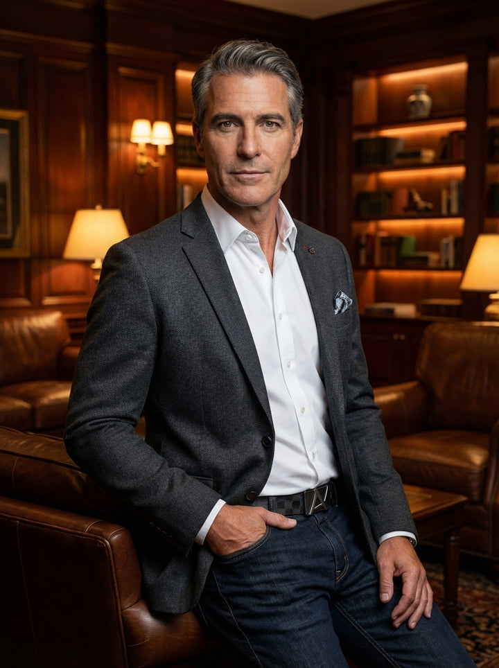 This sophisticated charcoal gray blazer features a refined tailored fit and a subtle textured finish. Paired with a crisp white button-down shirt and dark denim, the ensemble is elevated by a patterned pocket square and a signature metallic belt buckle.