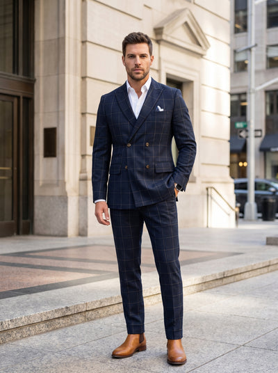 A sophisticated navy windowpane double-breasted suit featuring peak lapels and a six-button configuration. This tailored two-piece set is crafted from textured wool, paired with a crisp white dress shirt and tan leather Chelsea boots for a modern formal l