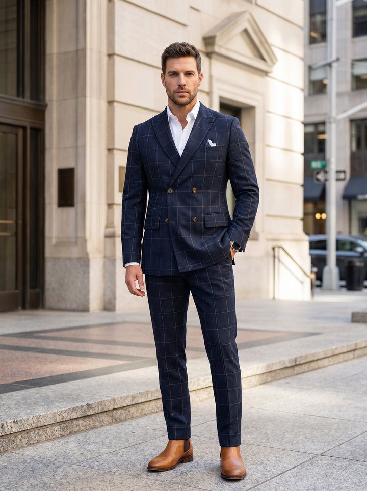 A sophisticated navy windowpane double-breasted suit featuring peak lapels and a six-button configuration. This tailored two-piece set is crafted from textured wool, paired with a crisp white dress shirt and tan leather Chelsea boots for a modern formal l