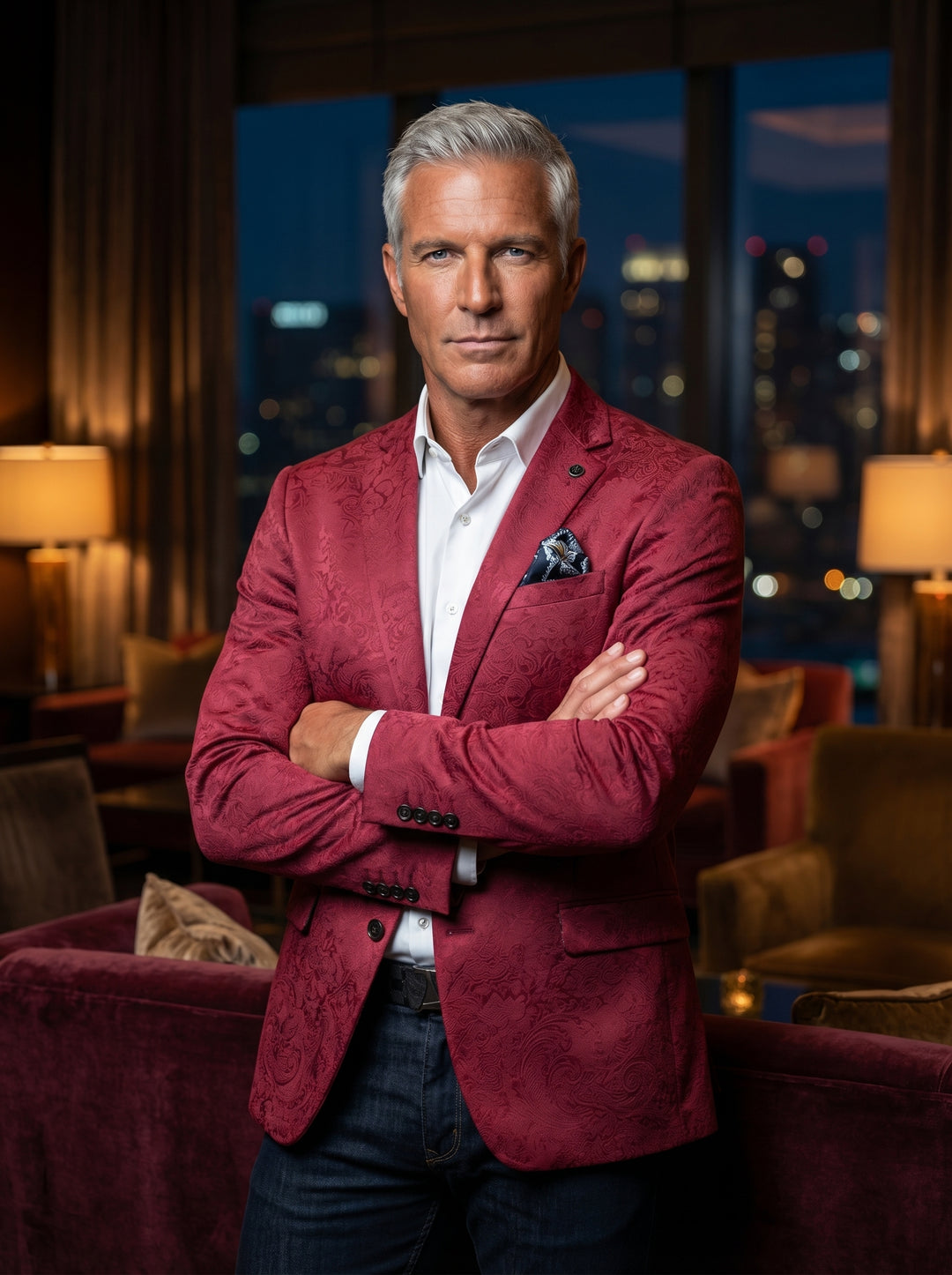 This sophisticated men's blazer features a vibrant cranberry red hue with an intricate embossed floral damask pattern. Tailored for a slim fit, it is paired with a crisp white button-down shirt, a patterned pocket square, and dark denim jeans.