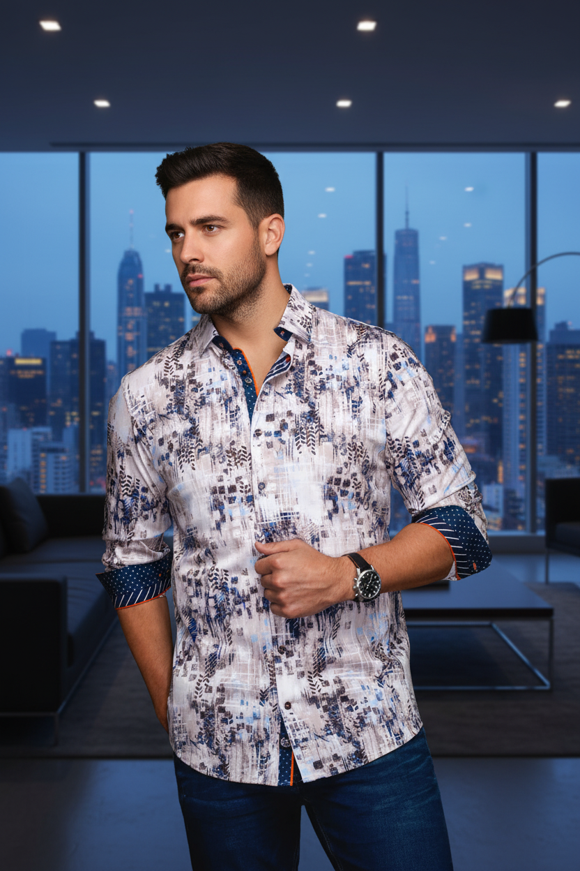 Elevate your style with this sophisticated men's button-up shirt, featuring an intricate abstract pattern in white, blue, and brown. Contrasting cuffs and collar linings with orange trim add a refined, modern touch. Perfect for a sharp, contemporary look.