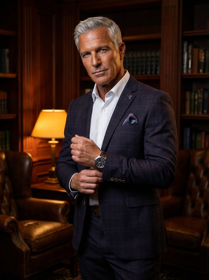 This sophisticated two-piece suit features a deep navy and burgundy plaid pattern, tailored for a modern slim fit. Paired with a crisp white button-down, the ensemble includes a subtle patterned pocket square and elegant lapel pin for refined evening styl