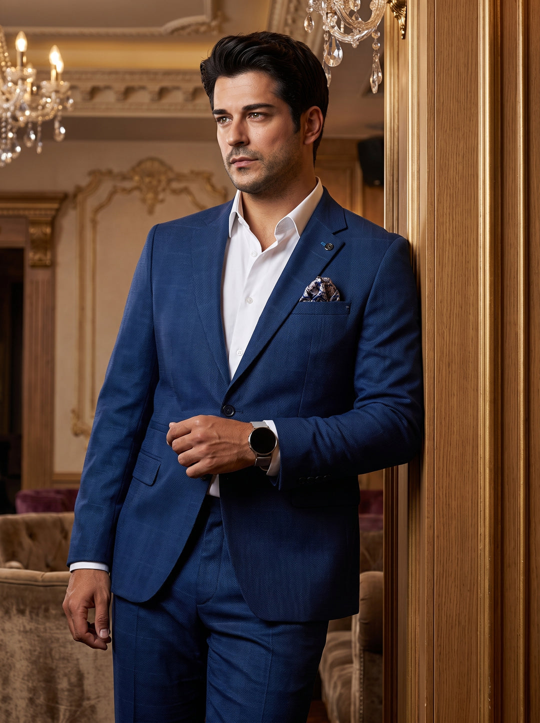 A sophisticated two-piece men's suit in textured navy blue fabric. It features a slim-fit blazer with notch lapels, a decorative pocket square, and matching tailored trousers, paired with a crisp white button-down shirt and a modern smartwatch.