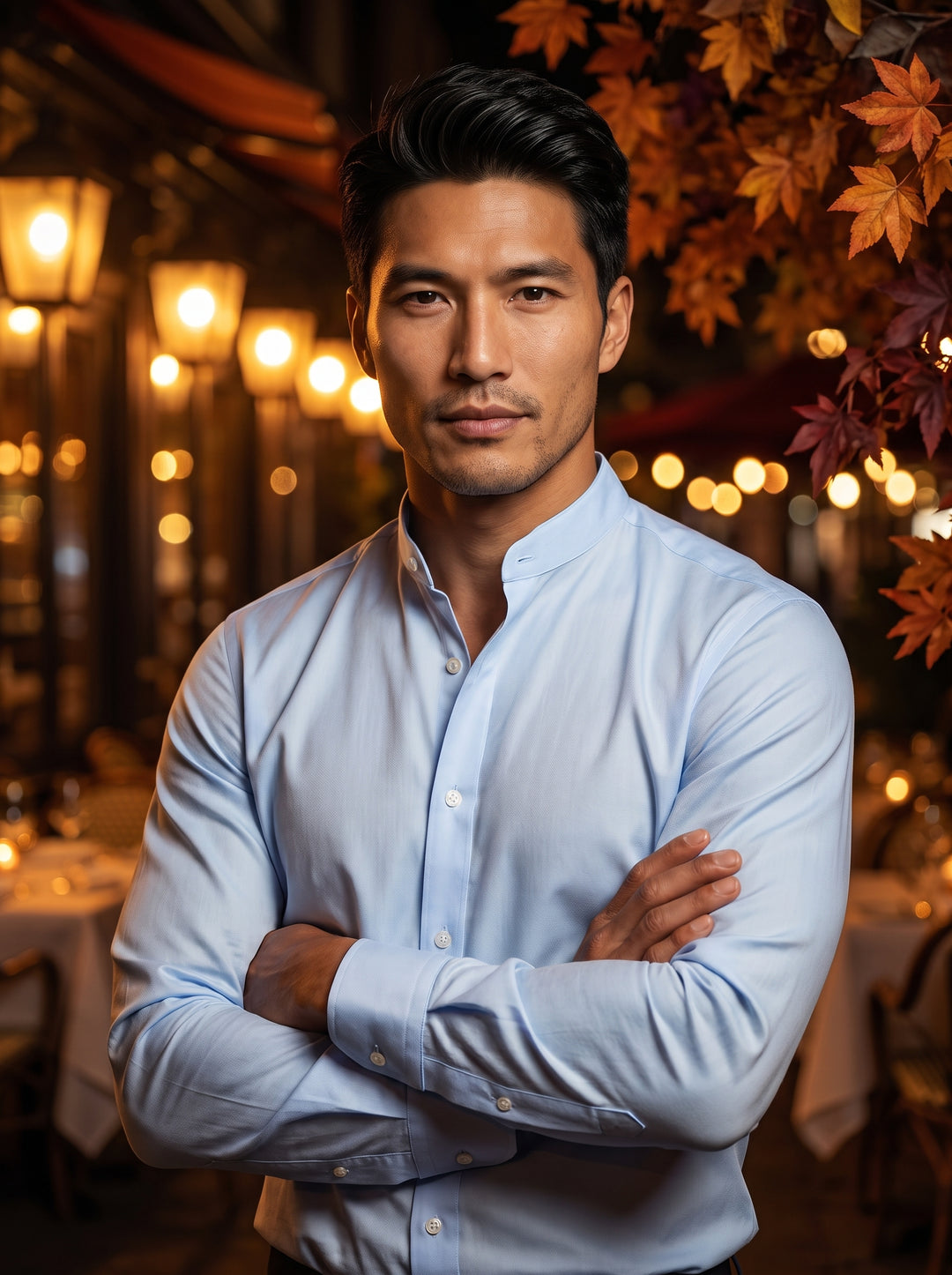 A baby blue Masutto long-sleeve dress shirt featuring a unique mandarin-style collar and hidden button placket. The premium twill fabric provides a clean, structured appearance suitable for modern formal or business-casual wear.