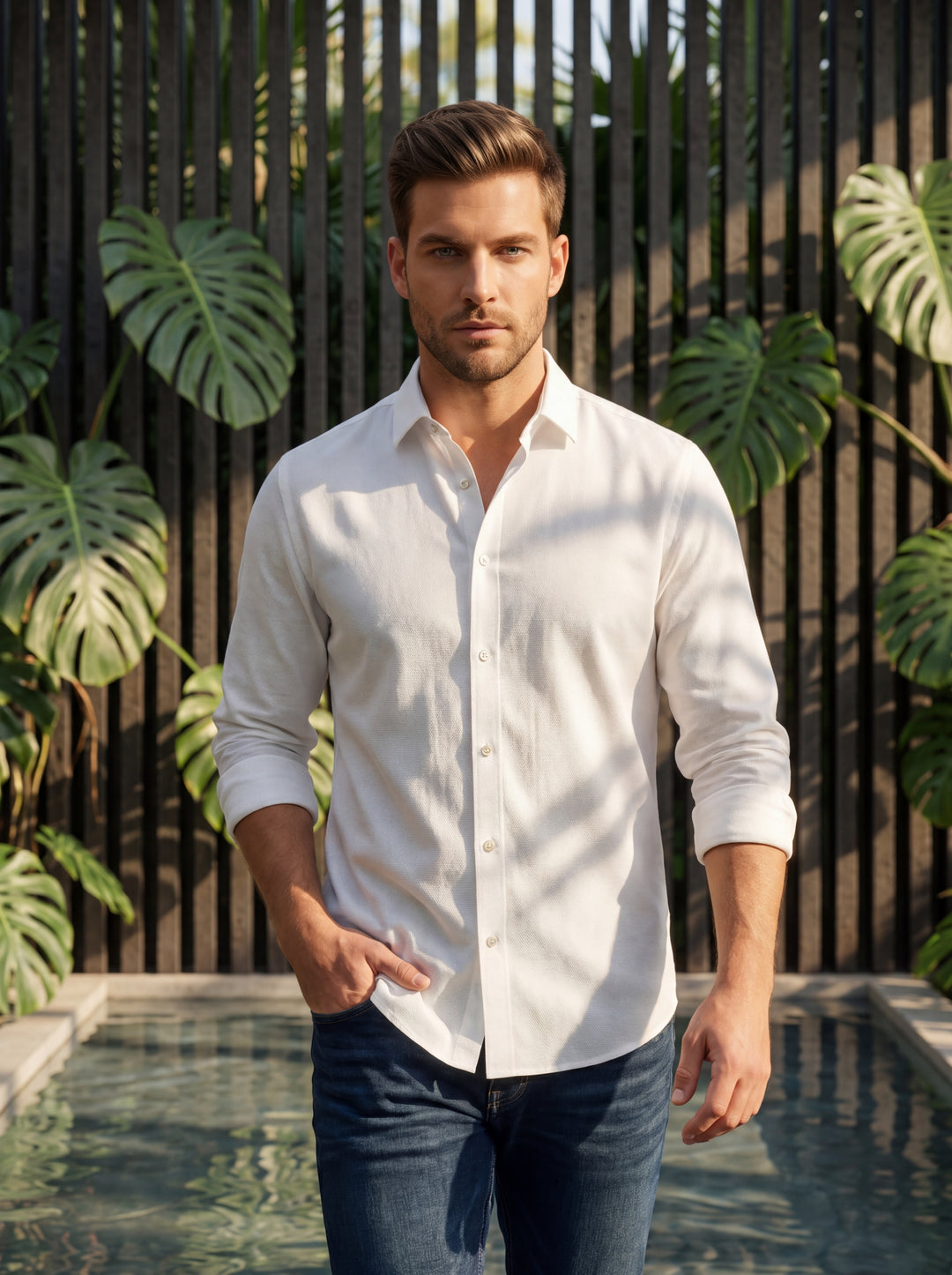 A crisp, white long-sleeved button-down shirt featuring a refined texture and a tailored fit. Designed with a classic collar and pearlescent buttons, it offers a versatile look that bridges the gap between sophisticated casual wear and semi-formal eleganc
