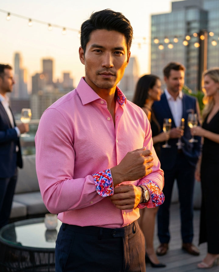 This Masutto men's dress shirt features a vibrant pink micro-textured weave for a sophisticated finish. It is uniquely designed with a colorful, abstract geometric print on the inner collar and cuffs, adding a modern and playful twist to classic tailoring