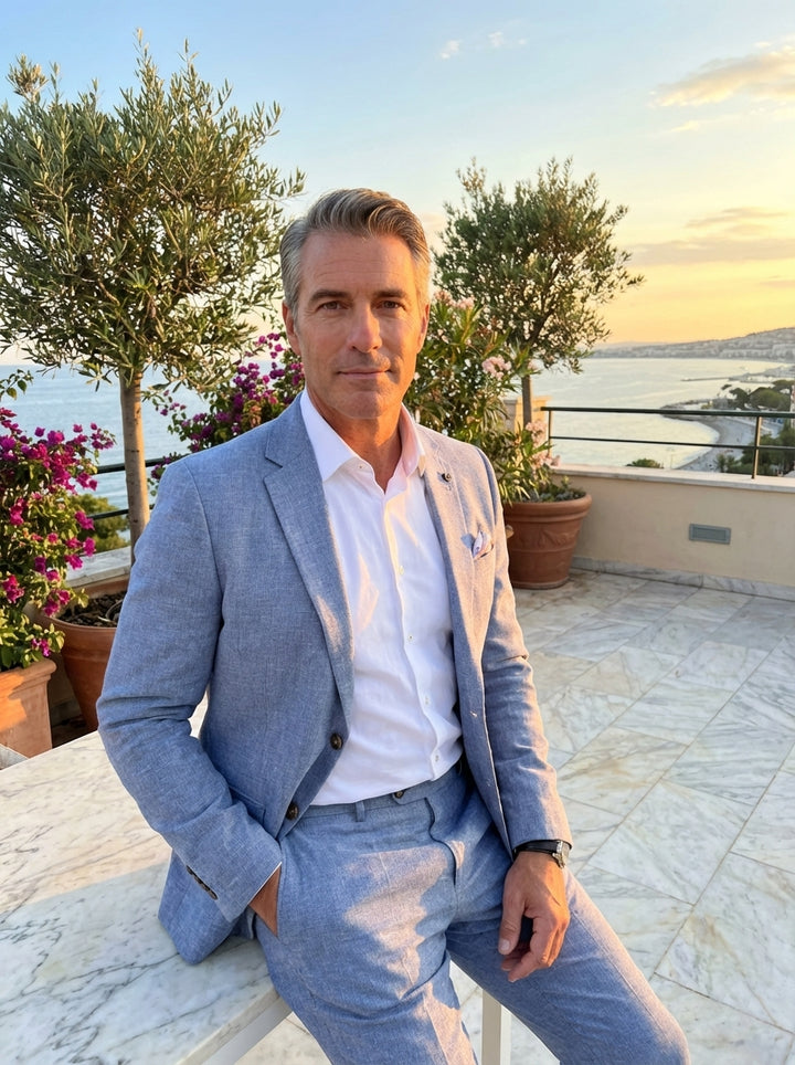Elevate your wardrobe with this sophisticated light blue linen-blend suit. Featuring a tailored fit, notched lapels, and a crisp white button-down shirt, this ensemble offers a modern take on classic summer formalwear. The breathable fabric ensures comfor