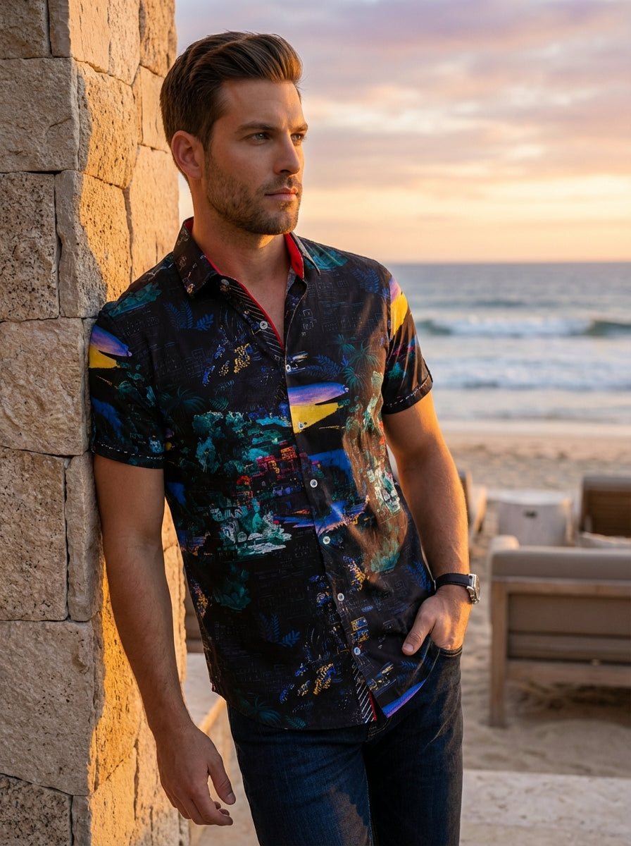 This premium short-sleeve button-down features a vibrant, multi-colored landscape print against a black base. Crafted with tailored precision, it showcases artistic sunset and coastal motifs, accented by a red-trimmed collar and a sleek, modern fit for a 