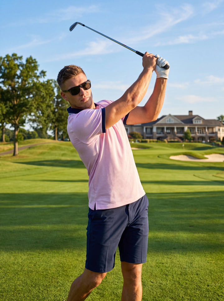 This tailored men's polo shirt features a subtle pink textured knit fabric, accented by a contrasting navy blue collar and matching ribbed sleeve cuffs. The design includes a three-button placket and classic fit, paired here with dark wash denim jeans.