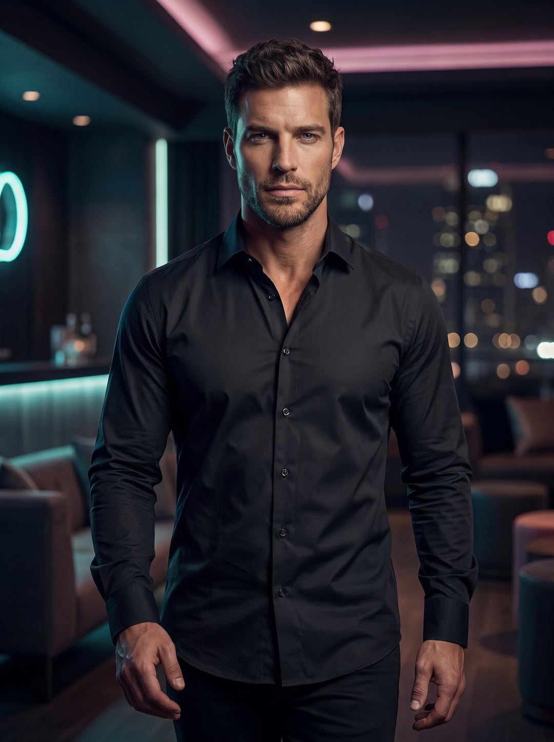 This classic men's long-sleeve button-down shirt is crafted in a sleek, deep black fabric. It features a tailored slim fit, a structured spread collar, and matching dark buttons, providing a sophisticated and monochromatic look for modern wardrobes and ve