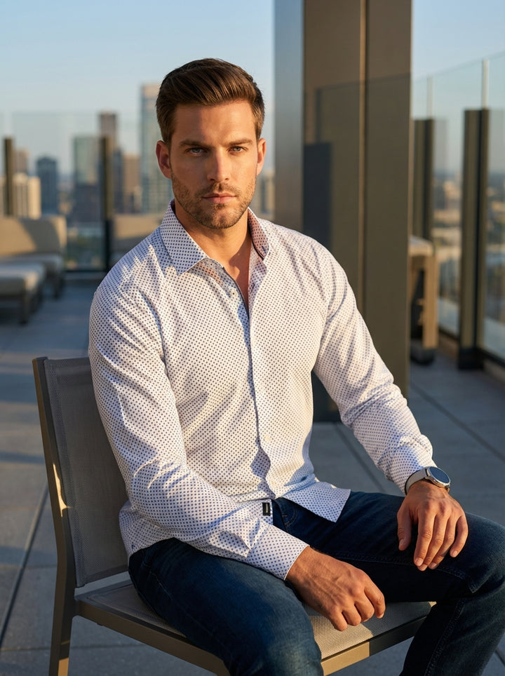 This premium white button-down shirt features a sophisticated blue micro-dot pattern and a refined tailored fit. Crafted with a classic collar and subtle contrast stitching, it seamlessly blends modern elegance with versatile style, making it ideal for bo