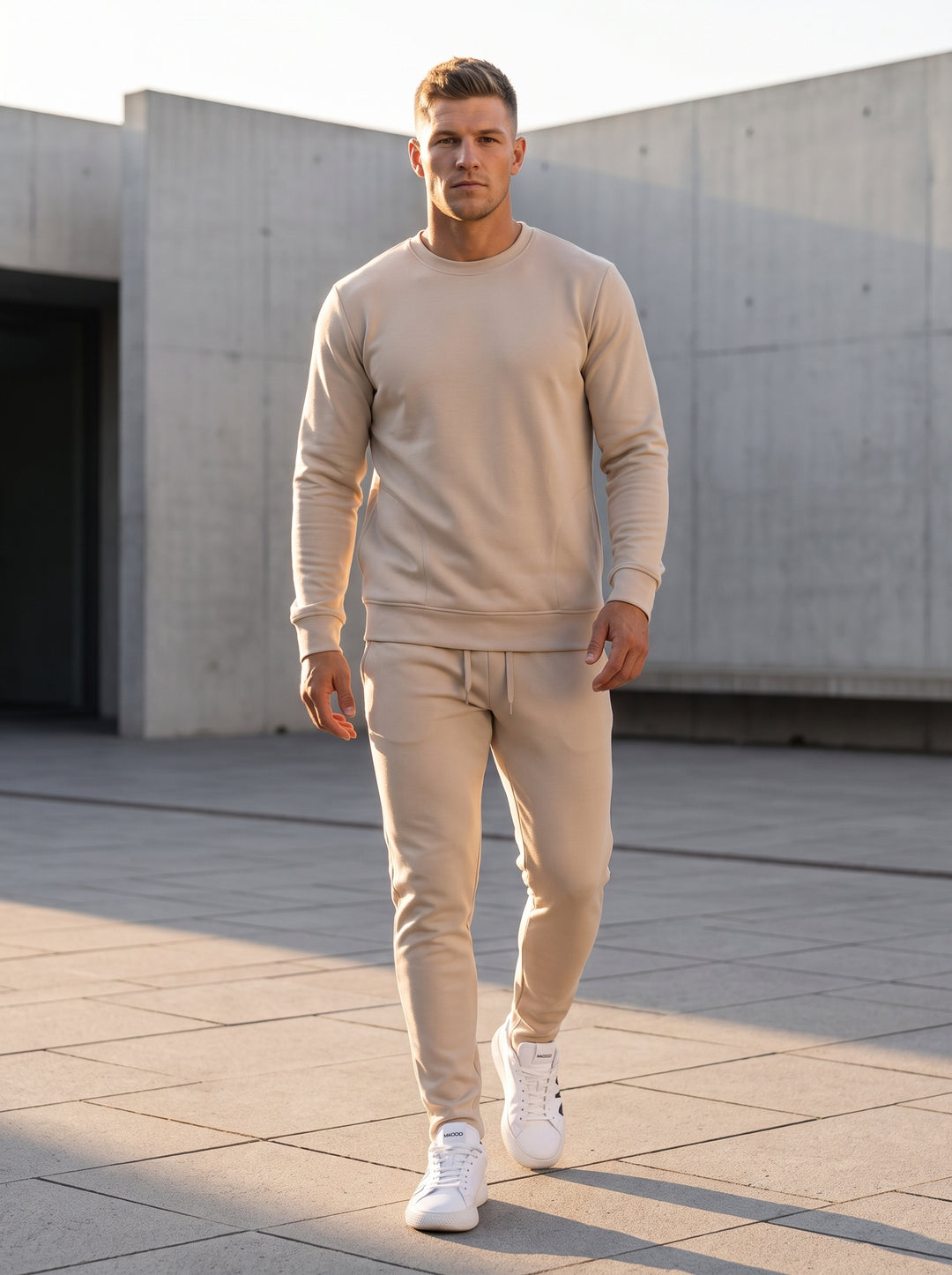 A premium beige tracksuit set featuring a structured drawstring jogger with a tapered fit and a matching long-sleeve sweatshirt. Crafted from a mid-weight technical fabric, this monochromatic ensemble offers a streamlined silhouette for a modern and eleva