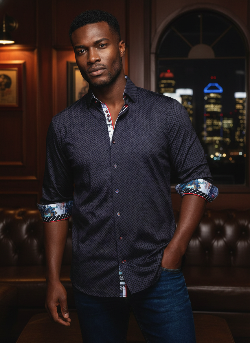 Elevate your style with this sophisticated dark geometric patterned button-down shirt. Featuring vibrant contrasting patterns on the inner placket and cuffs, it offers a refined yet bold statement for the modern man.