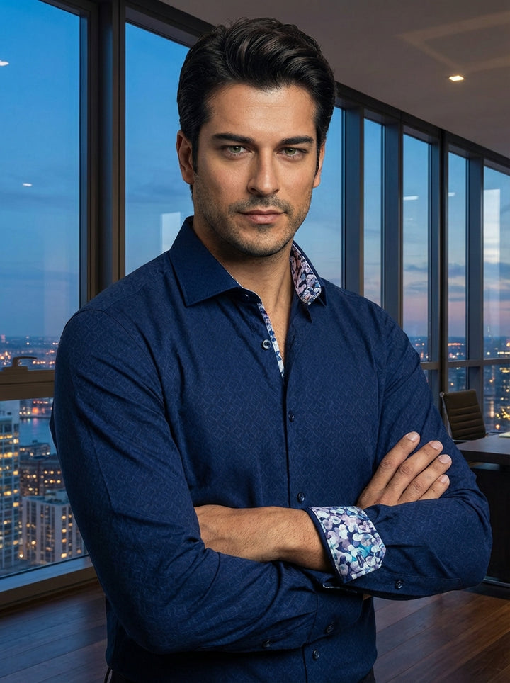 This premium navy Masutto dress shirt features an elegant tonal geometric jacquard pattern. Crafted with attention to detail, it includes a sophisticated floral-print inner collar and cuff lining, branded buttons, and a sharp spread collar for a refined, 