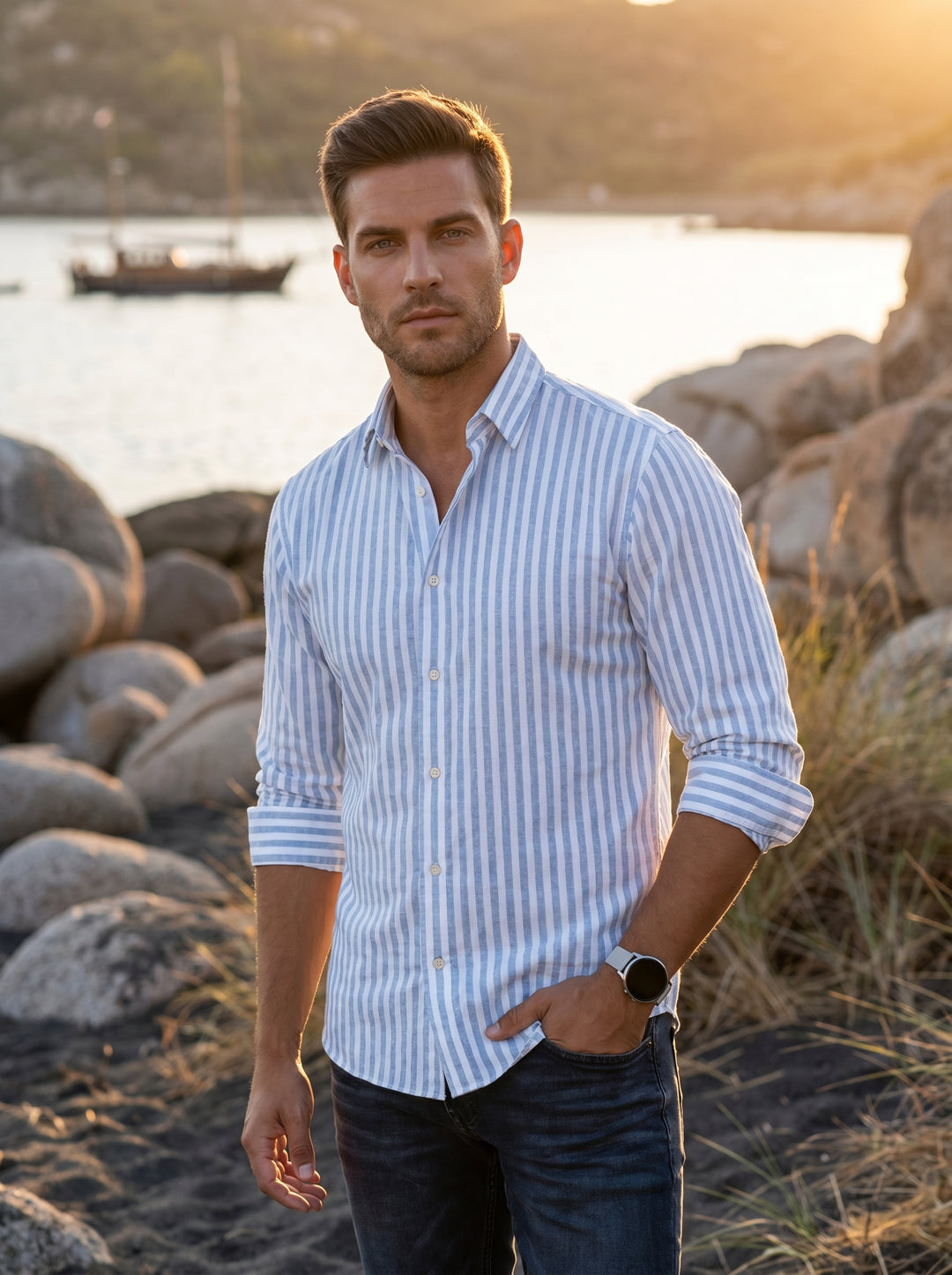 This classic men's button-down shirt features vertical light blue and white stripes for a clean, nautical-inspired look. Crafted with long sleeves and a pointed collar, the shirt offers a tailored fit that pairs effortlessly with dark denim or chinos.