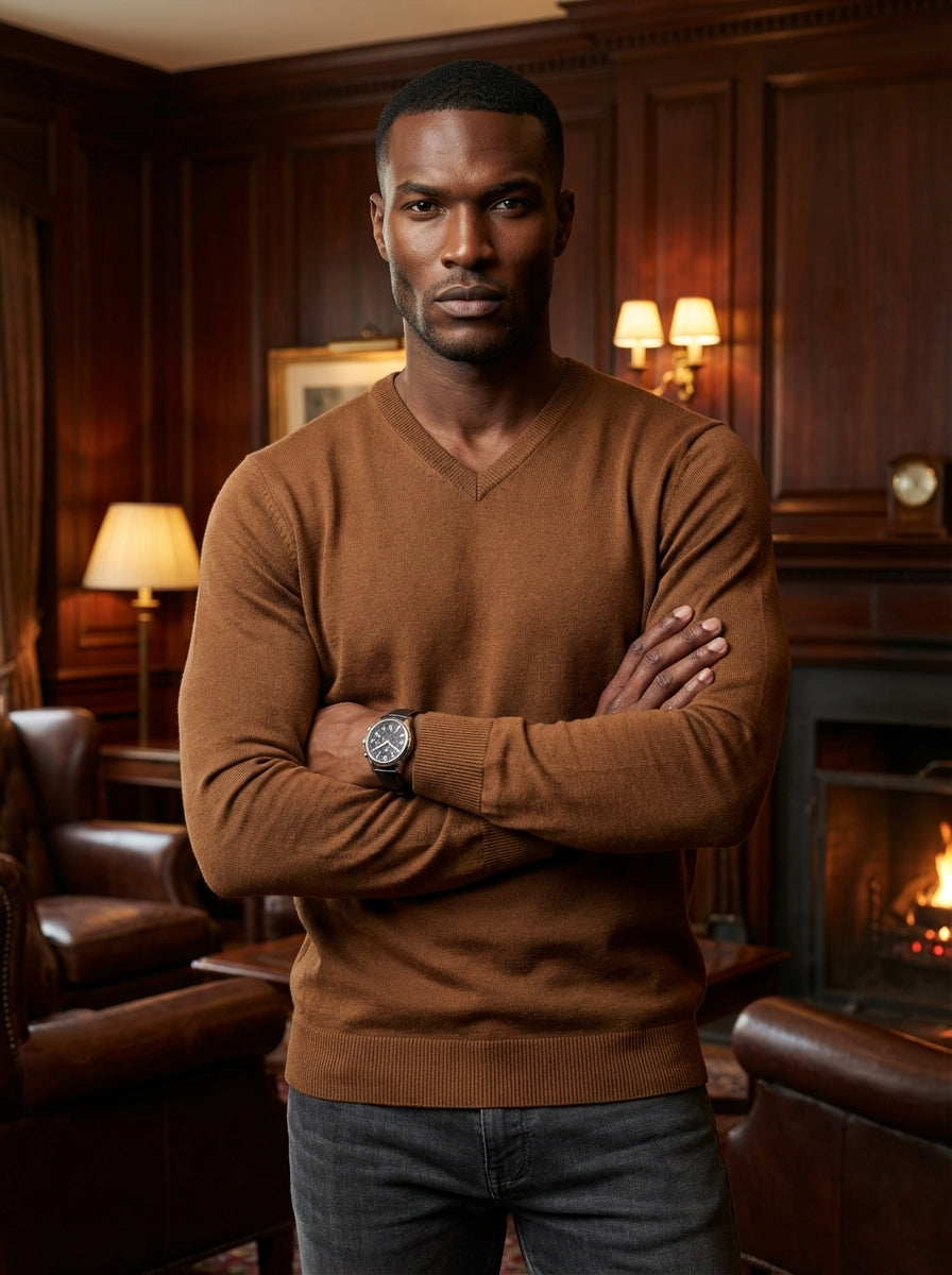 This classic men's v-neck sweater in a rich tobacco brown offers a sophisticated, tailored fit. Crafted from fine-knit fabric, it features ribbed cuffs and hem for a polished finish, making it a versatile layering piece for modern professional wardrobes.