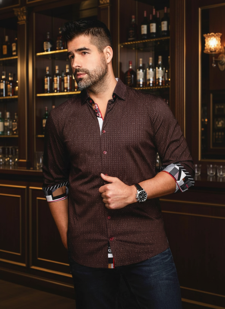 Elevate your wardrobe with this sophisticated dark maroon button-down shirt. Featuring a refined micro-dot pattern and striking multi-patterned contrast trim on the collar, placket, and cuffs, this shirt blends classic elegance with modern flair for a dis