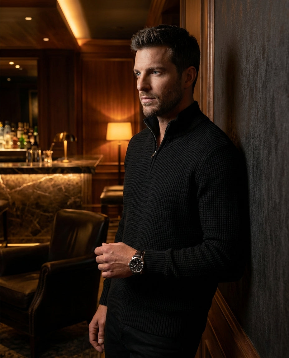 This classic black quarter-zip sweater features a sophisticated waffle knit texture and a high ribbed collar for versatile layering. Crafted with a tailored fit, it provides a sleek silhouette that transitions effortlessly from casual daytime activities t