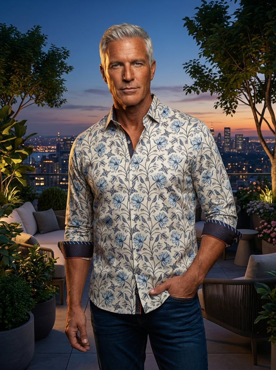 This premium long-sleeved button-down features a delicate blue floral vine motif on a cream base. Contrasting navy and orange geometric patterns line the collar and cuffs, adding a modern twist to this sophisticated, tailored piece for the fashion-forward