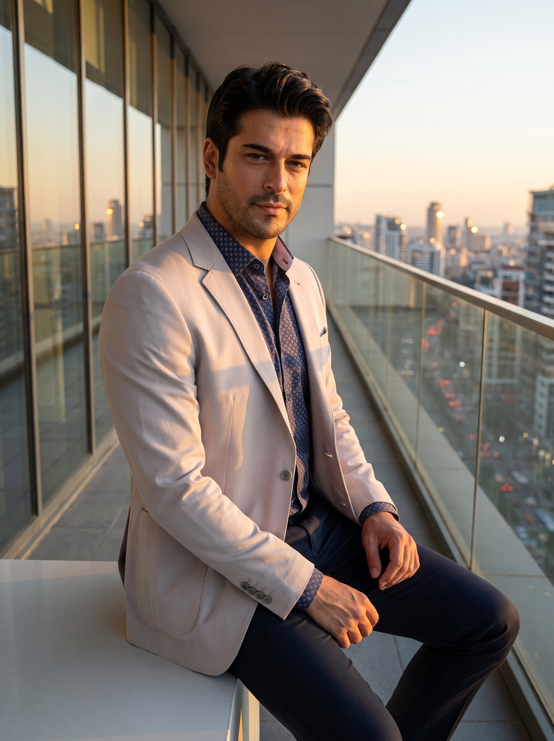 This tailored light grey blazer features a modern slim fit with classic notch lapels and patch pockets. Paired with a patterned navy button-down shirt, the ensemble offers a sophisticated, breathable look perfect for sharp casual or semi-formal daytime ev