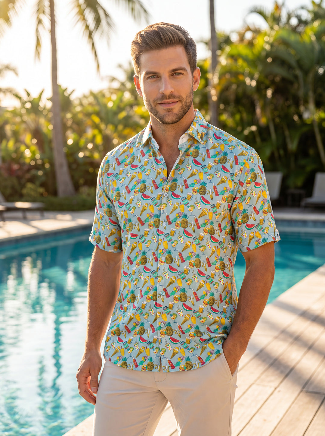 This vibrant light blue short-sleeved button-down shirt features a playful, all-over summer-themed print. The design includes colorful illustrations of pineapples, watermelons, ice cream cones, and cocktails, offering a relaxed and whimsical aesthetic per